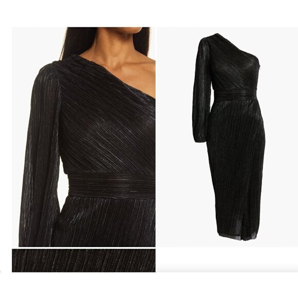 SAYLOR Alora Plissé One Shoulder Midi Dress Black Metallic Womens Size Small - Picture 4 of 11